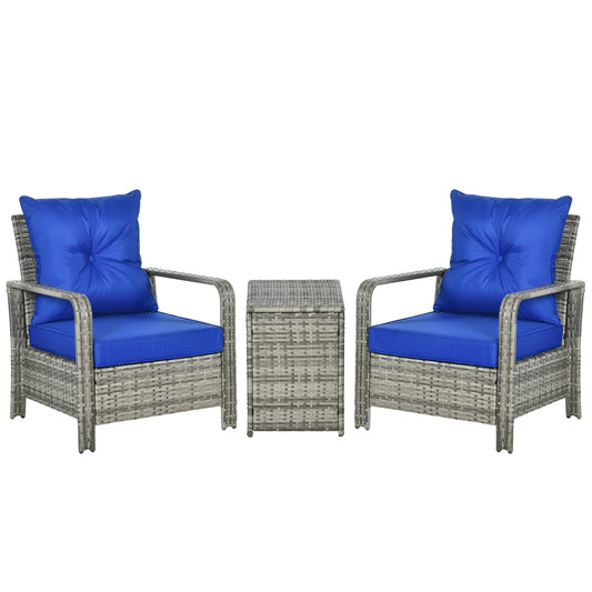 Outsunny 3 Pieces Rattan Bistro Set, Wicker Garden Furniture Set with Storage  Coffee Table and Chairs, Thickened Cushions for Outdoor, Patio, Balcony, Blue