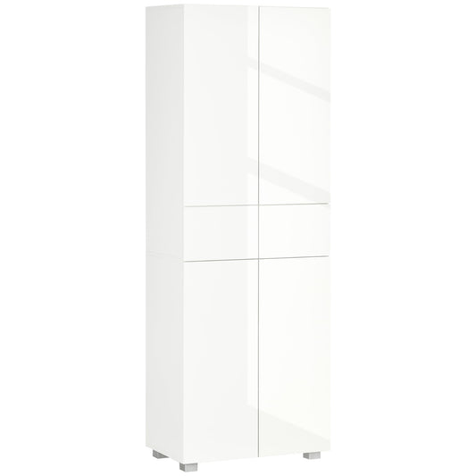 HOMCOM 4-Door Kitchen Cupboard, Freestanding 5-Tier Storage Cabinet with 3 Adjustable Shelves, 2 Drawers for Living Room, Dining Room, Push to Open Design, High Gloss White