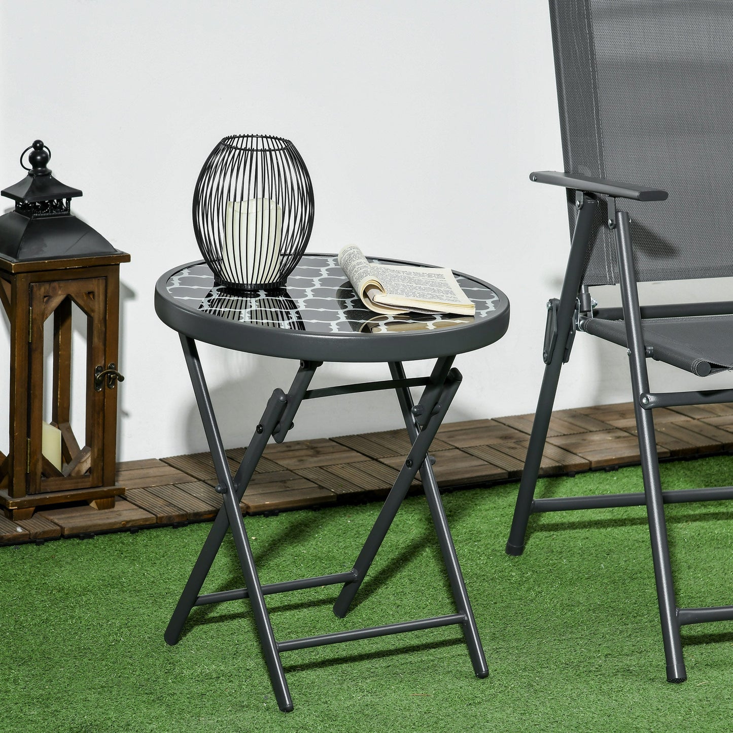 Outsunny \'ce\'a645cm Garden Side Table, Outdoor Round Folding Patio Table with Imitation Marble Glass Top, Small Coffee Table, Black and White