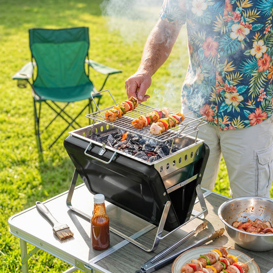 Outsunny Charcoal BBQ Grill Portable Stainless Steel Barbecue with Tilting Grate for Camping Picnic Garden Black