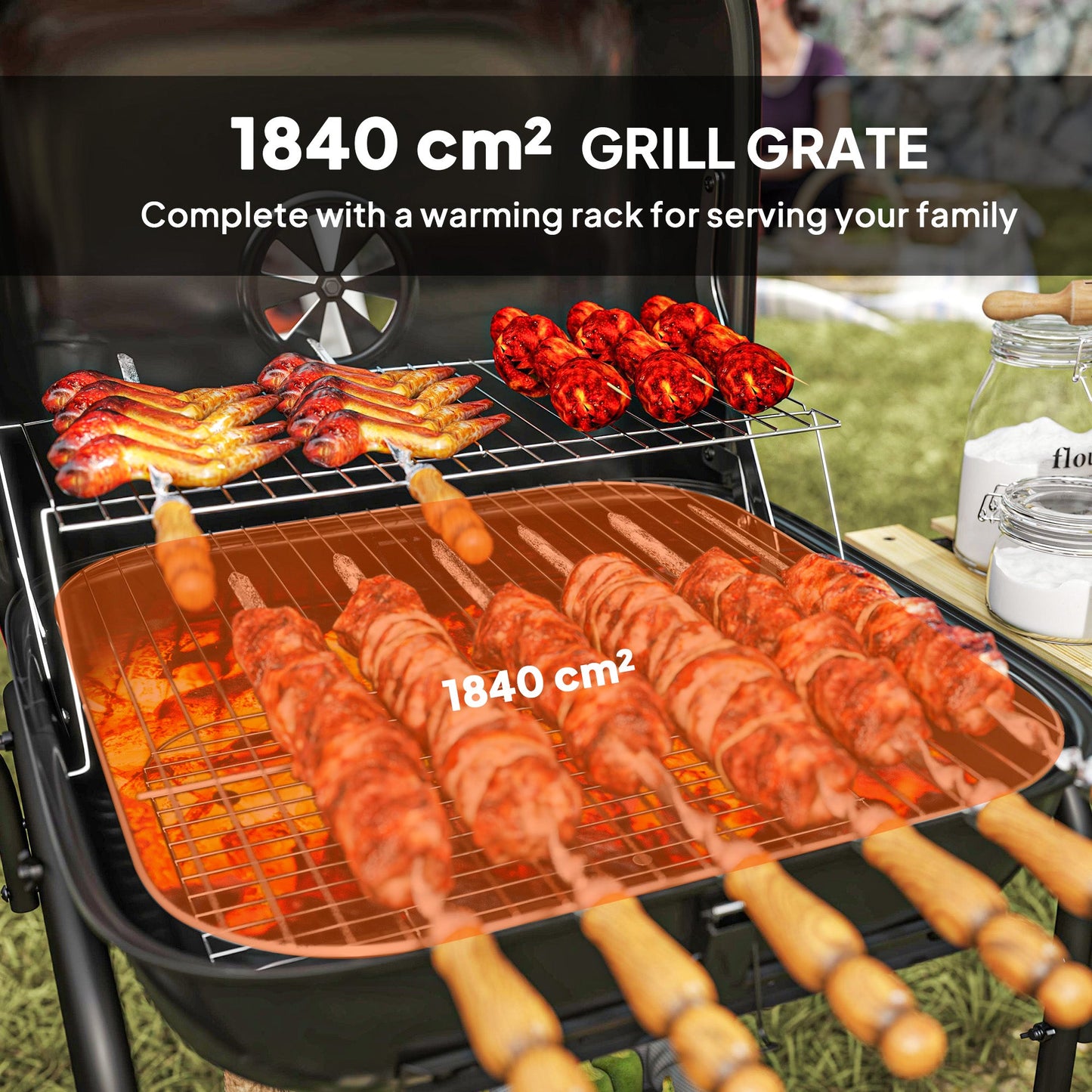 Outsunny Charcoal Barbecue Grill Portable BBQ Grill with 1840 cm² Cooking Area, 3 Shelves, Adjustable Vent, Lockable Lid, Wheels for Outdoor Cooking, Garden Party, Red