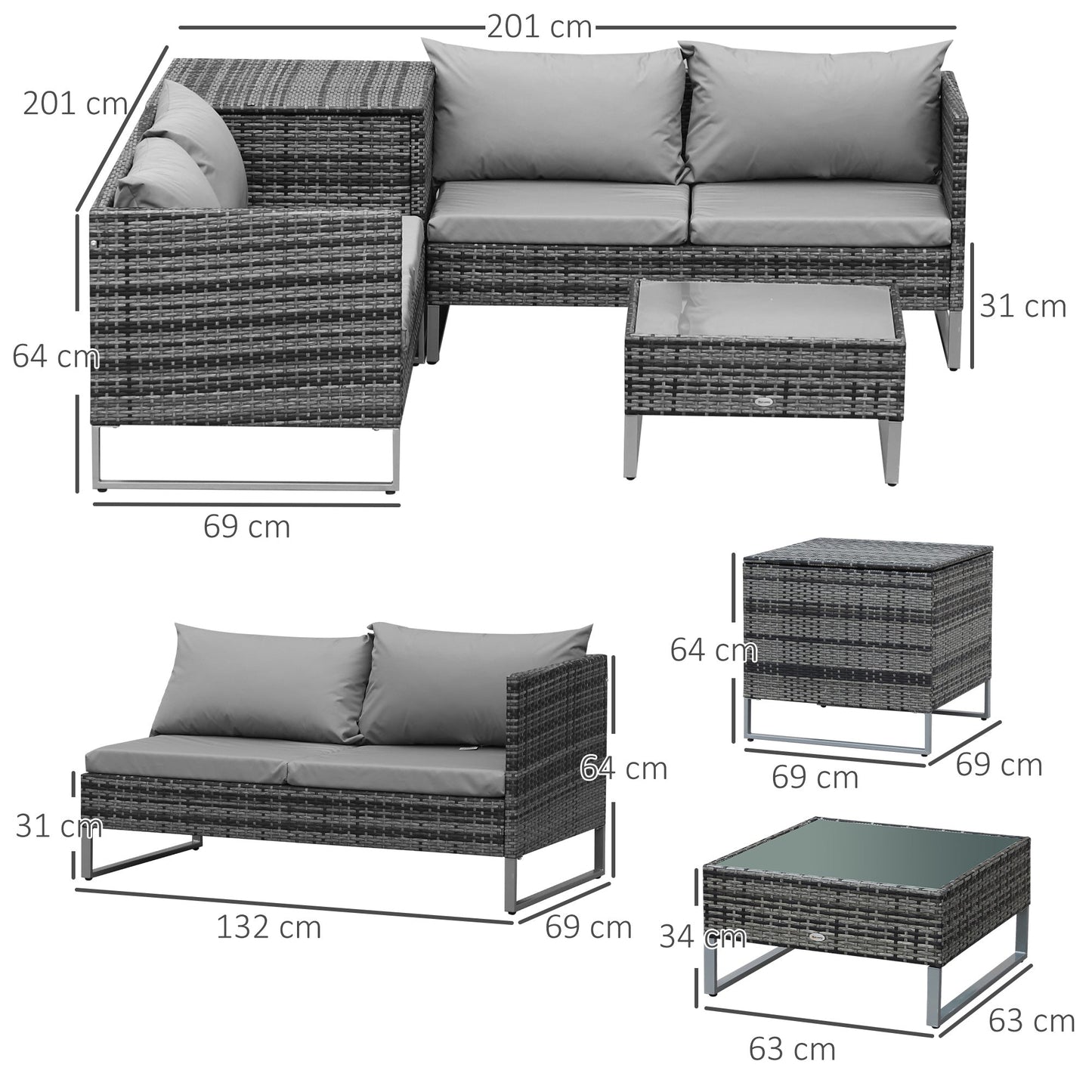 Outsunny 4 PCs Garden Rattan Wicker Outdoor Furniture Patio Corner Sofa Love Seat and Table Set  with Cushions Side Desk Storage - Mixed Grey