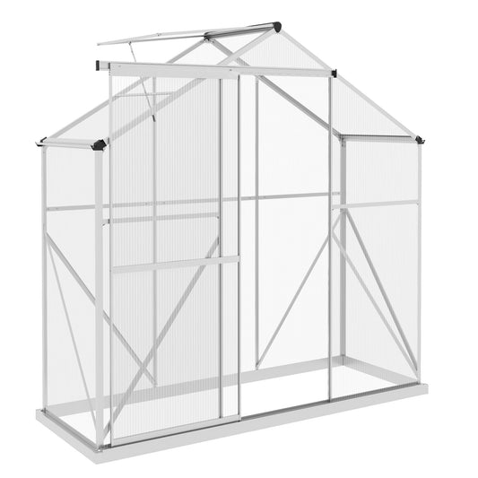 Outsunny 6 x 2.5ft Polycarbonate Greenhouse Walk-In Green House with Rain Gutter, Sliding Door, Window, Foundation, Silver
