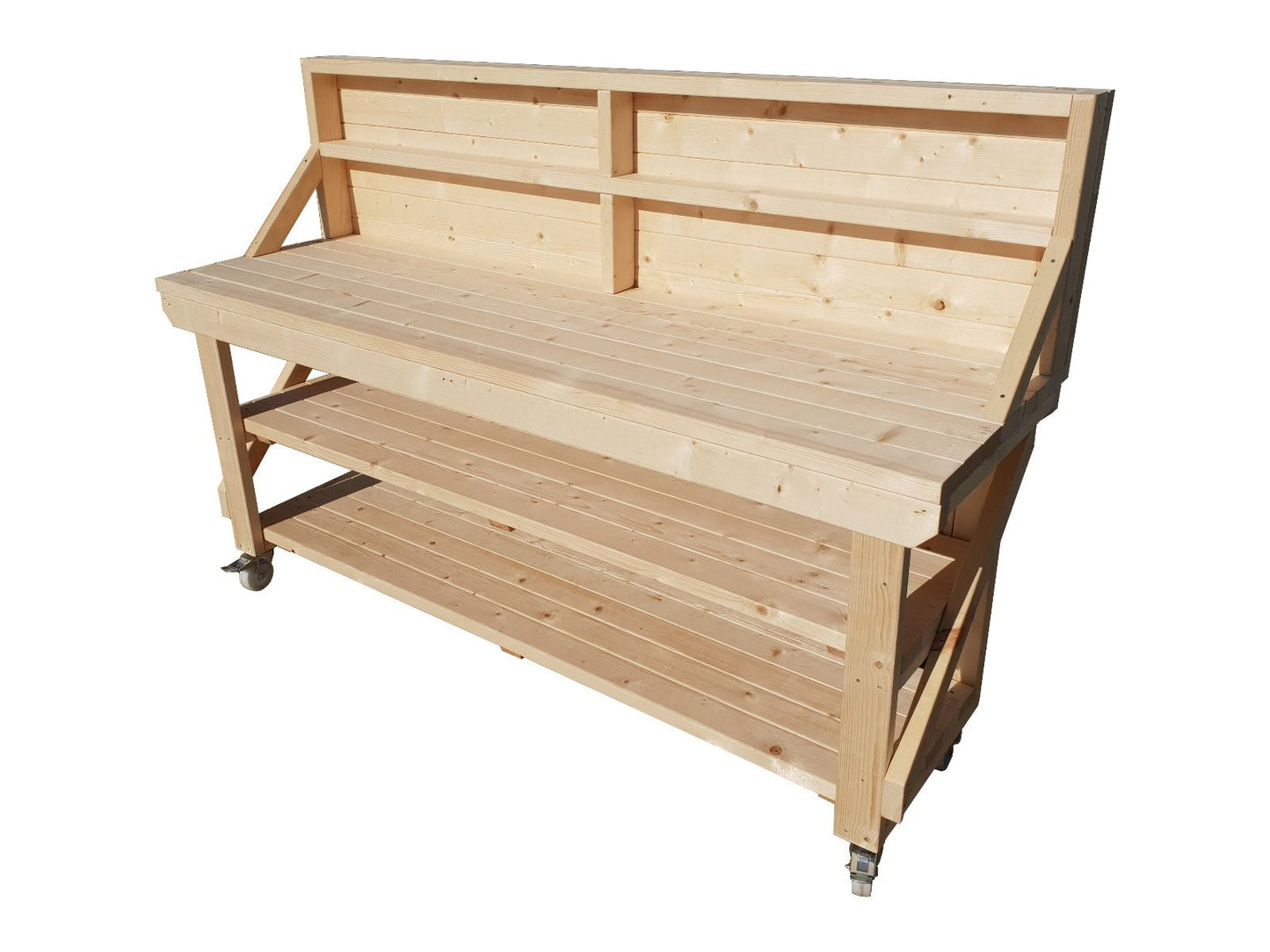 Acorn Wooden Workbench With Back Panel, Double Shelf and Wheels