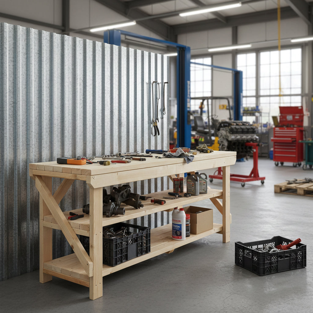 Acorn Wooden Workbench With Double Shelf