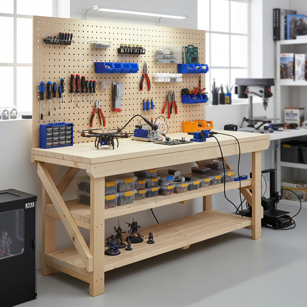 Acorn Wooden Workbench With Double Shelf
