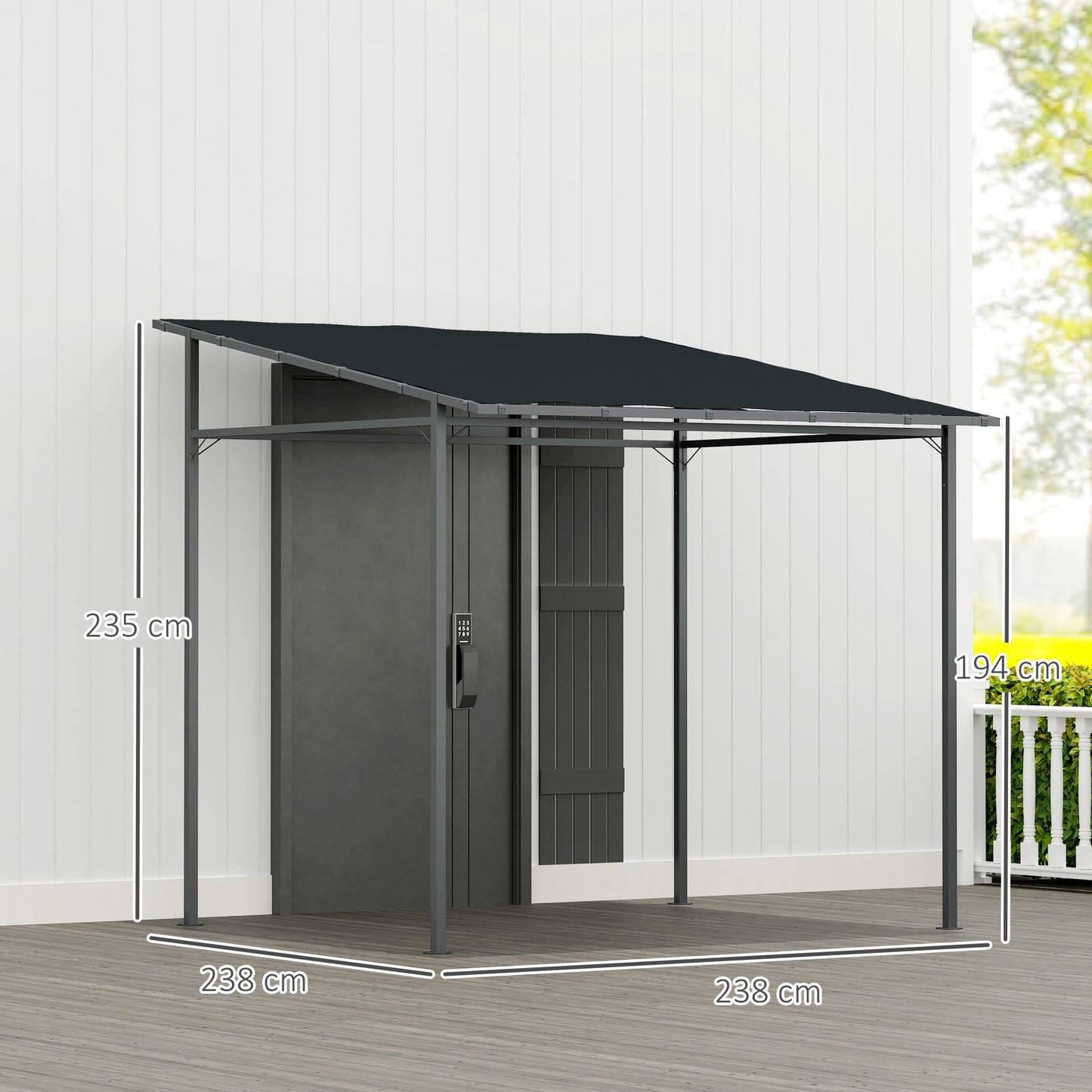 Outsunny 2.4 x 2.4 m Wall Mounted Pergola Gazebo with PA Coating Fabric and Metal Frame, UPF30+, Lean to Garden Gazebo, Wind Resistant Outdoor Sun Shade Shelter for Garden, Deck, Dark Grey