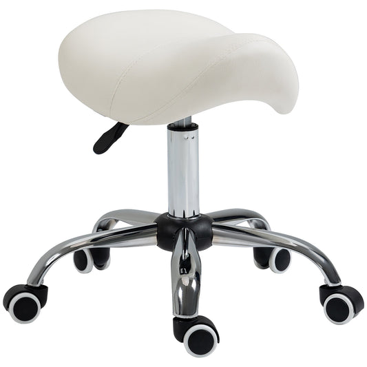 HOMCOM Cosmetic Stool 360\'c2\'b0 Rotate Height Adjustable Salon Massage Spa Chair Hydraulic Rolling Faux Leather Saddle Stool, Cream