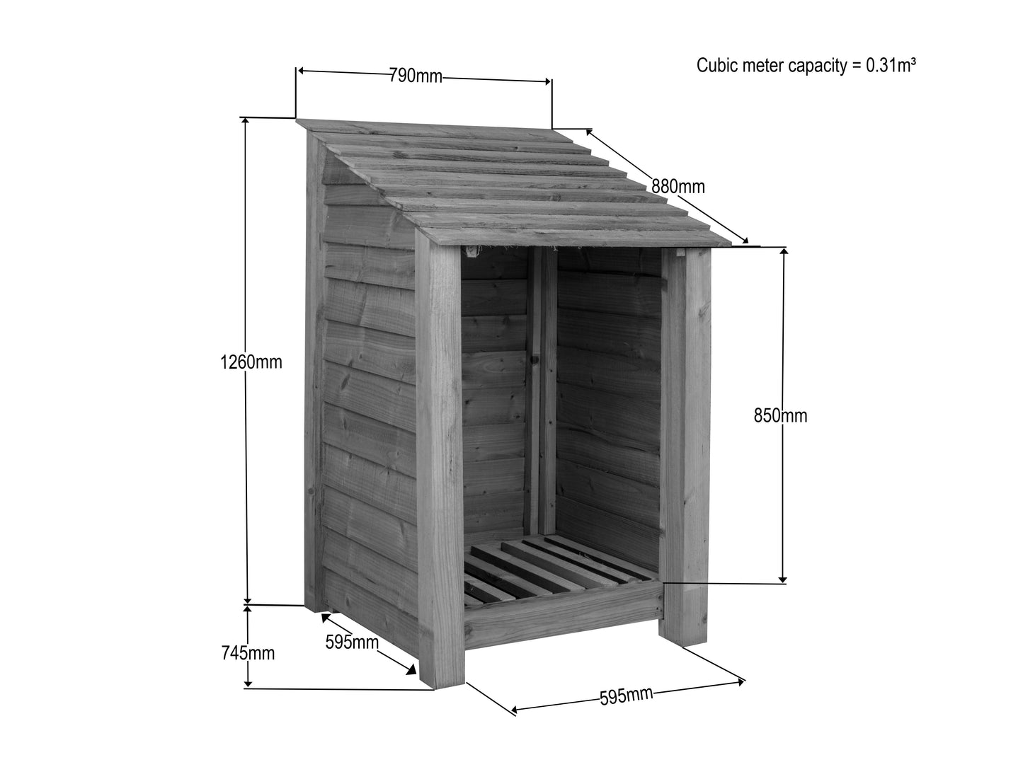 Slatted wooden log store W-79cm, H-126cm or 180cm, D-88cm
