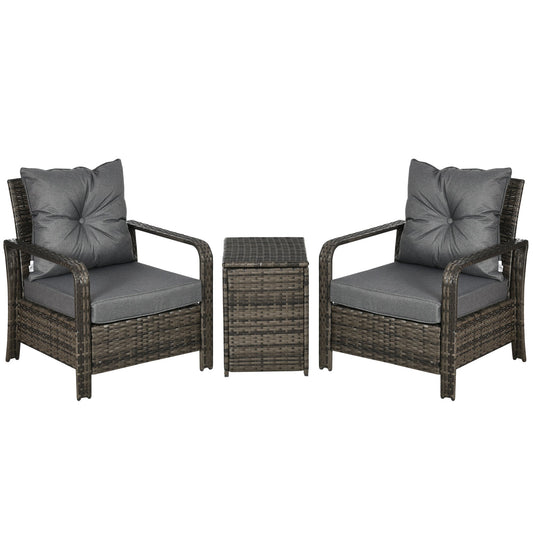 Outsunny 3 Pieces Rattan Bistro Set, Wicker Garden Furniture Set with Storage  Coffee Table and Chairs, Thickened Cushions for Outdoor, Patio, Balcony, Grey