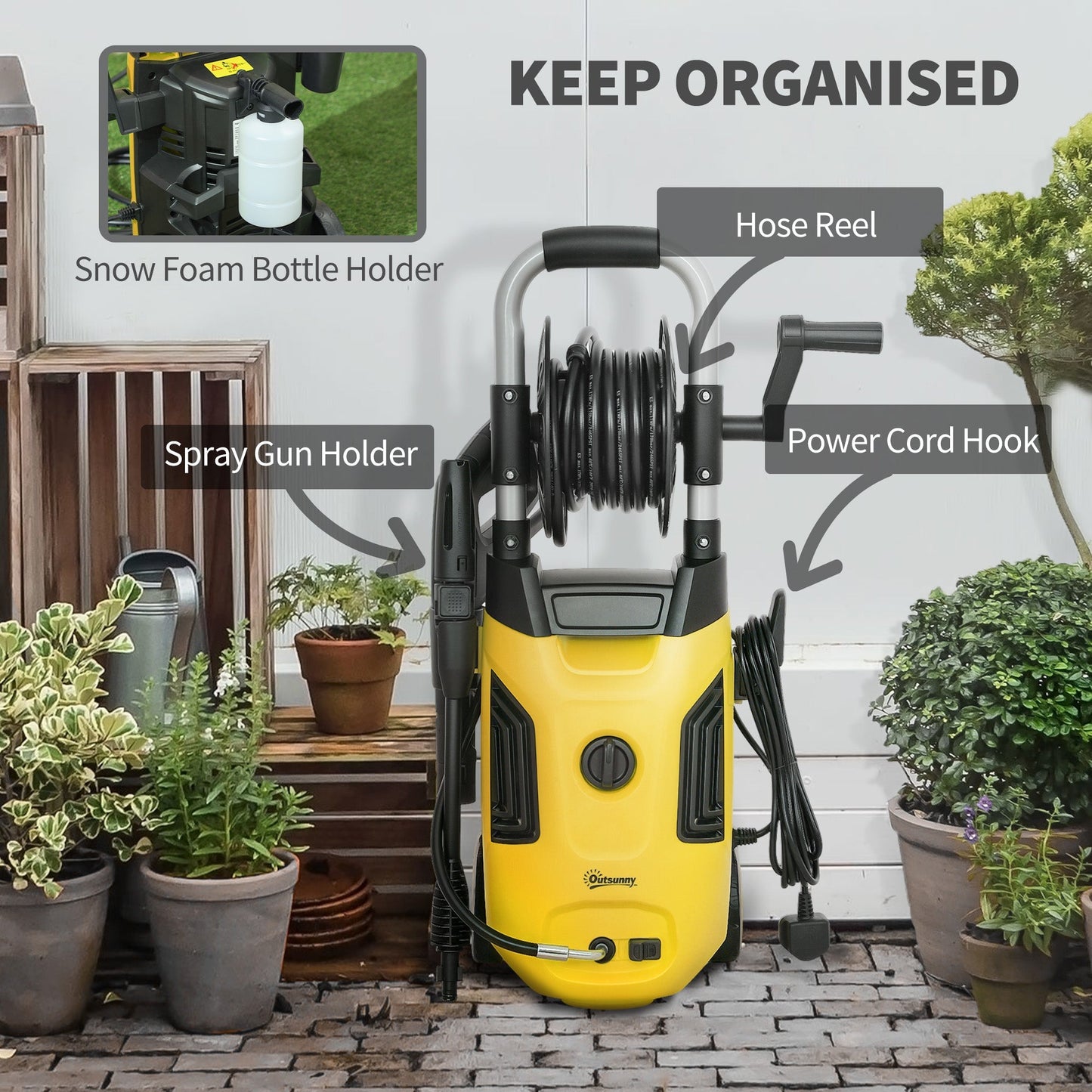 Outsunny 1800W High Pressure Washer, 150 Bar Pressure, 420 L/h Flow, Portable Power Washer Jet Wash Cleaner with Adjustable Nozzle, 6M Hose, Hose Reel, Steel Handle for Home Patio Car Driveway, Yellow