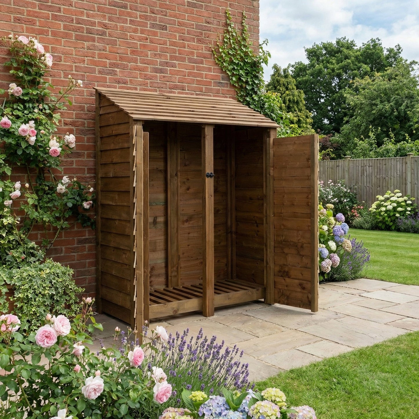 Wooden Log Store with Door W-146cm, H-126cm or 180cm, D-88cm - Brown Finish