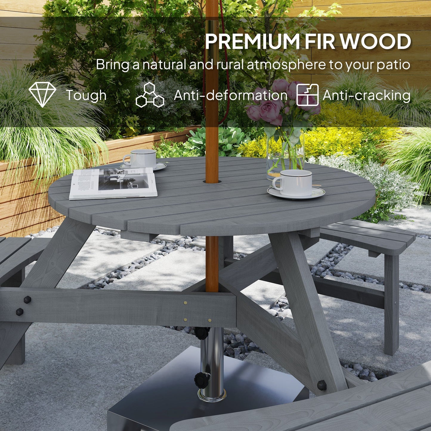 Outsunny 6 Seater Wooden Picnic Table and Garden Benches Set, Round Garden Dining Set with 3 Benches and Umbrella Hole Outdoor Garden Park, Grey