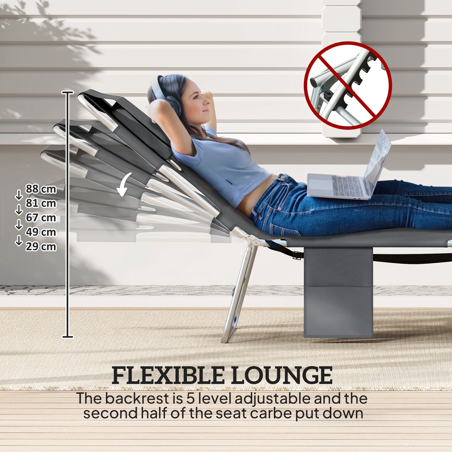 Outsunny 5-Position Adjustable Sun Loungers Set of 2 with Reading Hole and Side Pocket, Dark Grey