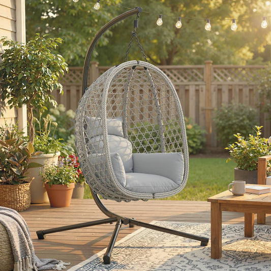 Outsunny Hanging Egg Chair, Indoor Outdoor Rattan Hammock Swing Chair with Stand, Safety Strap, Foldable Basket, Light Grey