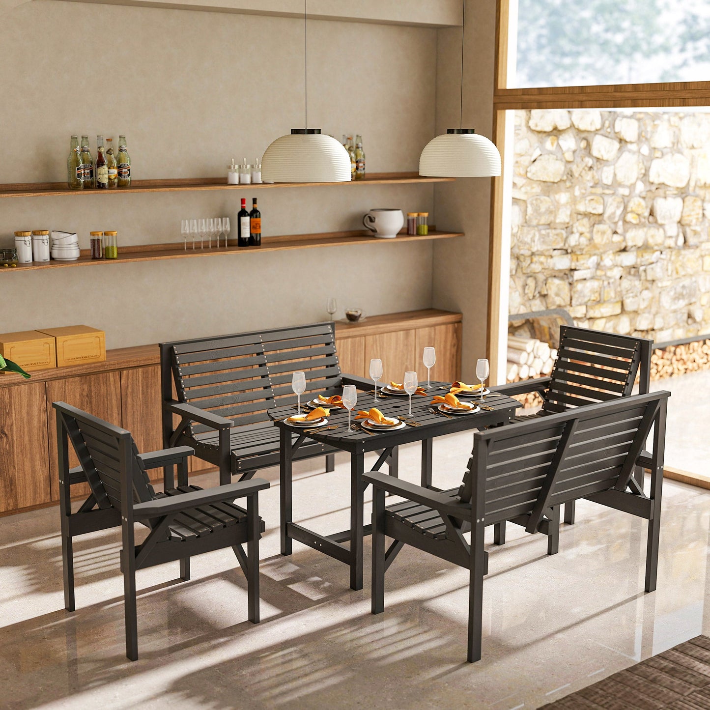 Outsunny 5 Piece Wooden Garden Dining Set for 6, Outdoor Conversation Set with 2 Armchairs, 2 Loveseats and Dining Table with Umbrella Hole for Patio, Balcony, Grey