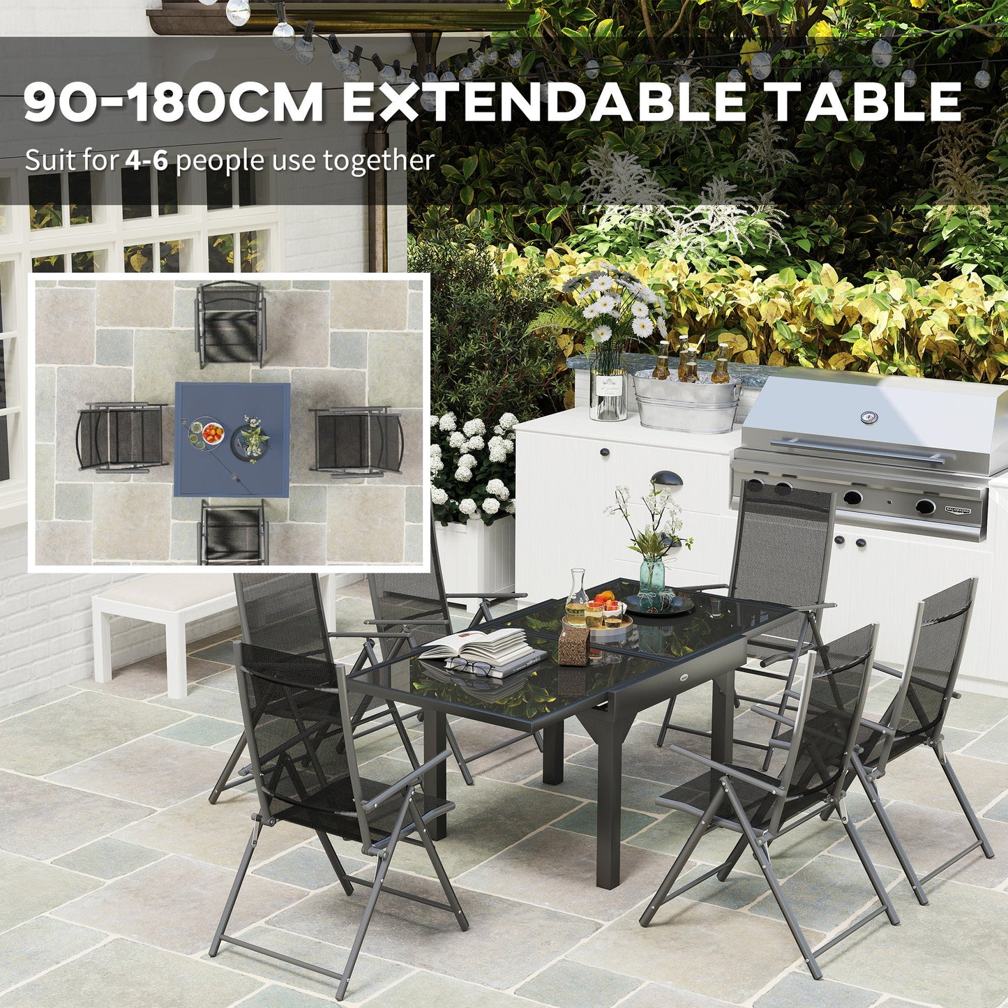 Outsunny 7 Piece Outdoor Dining Set with Extendable Table and 6 Folding Chairs for Patio, Balcony, Deck, Grey
