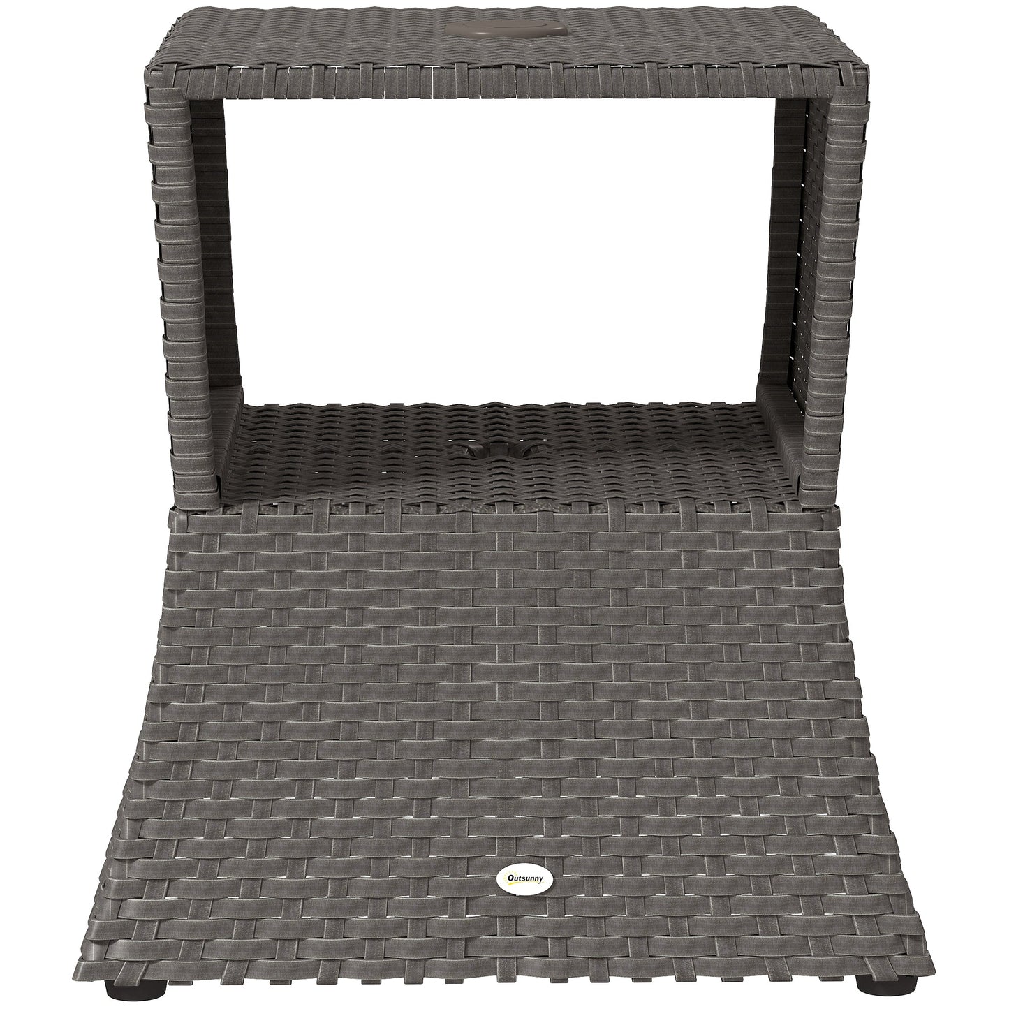 Outsunny Rattan Outdoor Coffee Table, Wicker Garden Patio Bistro Side Table with Umbrella Hole and Storage Space, Dark Grey