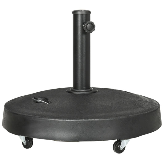 Outsunny 23.5kg Resin Garden Parasol Base with Wheels and Retractable Handles, Round Outdoor Market Umbrella Stand Weight for Poles of \'ce\'a638mm to \'ce\'a648mm, Black