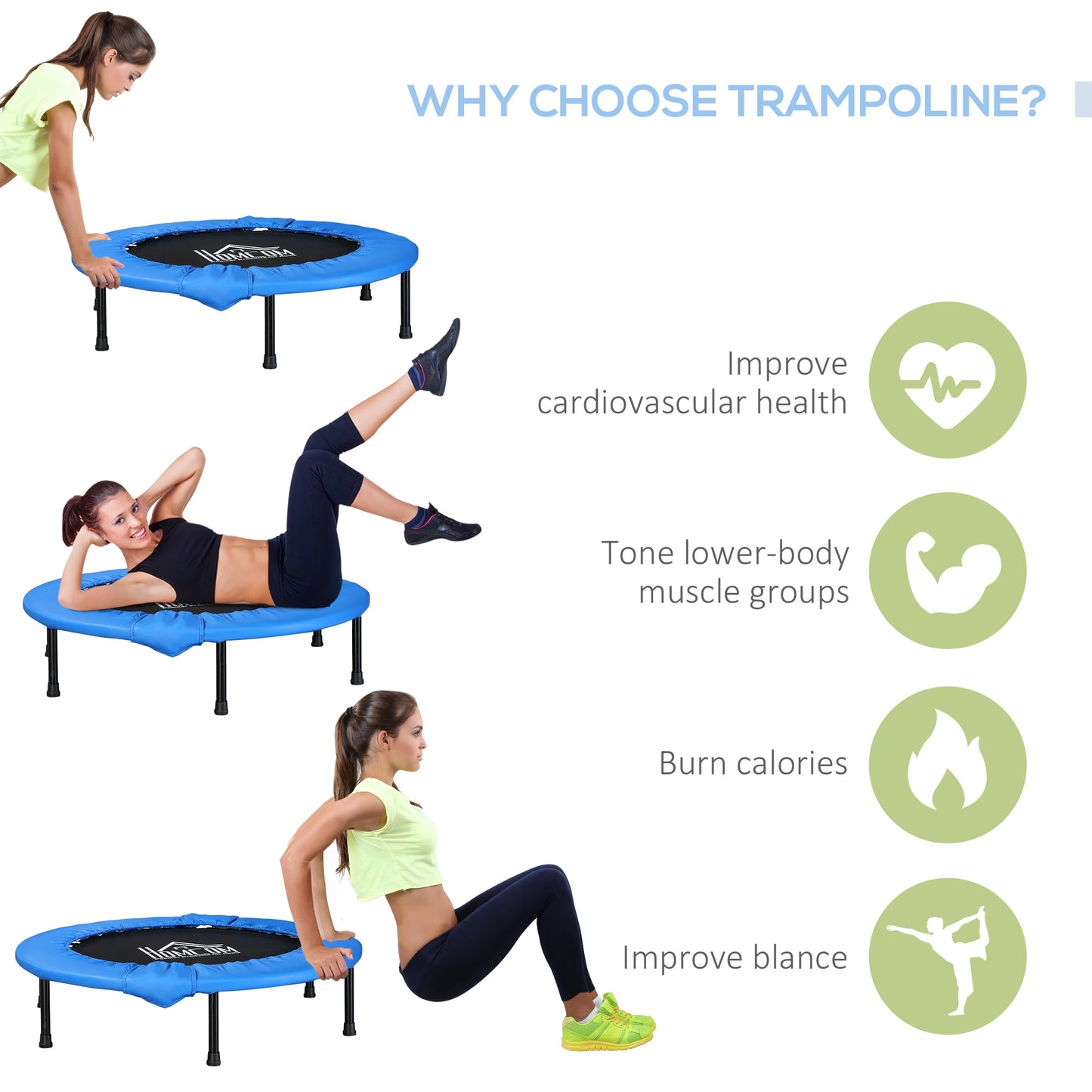 HOMCOM \'ce\'a6101 Mini Fitness Trampoline Home Gym Yoga Exercise Rebounder Indoor Outdoor Jumper with Safety Pad, Support Up to 100 KG, Blue and Black