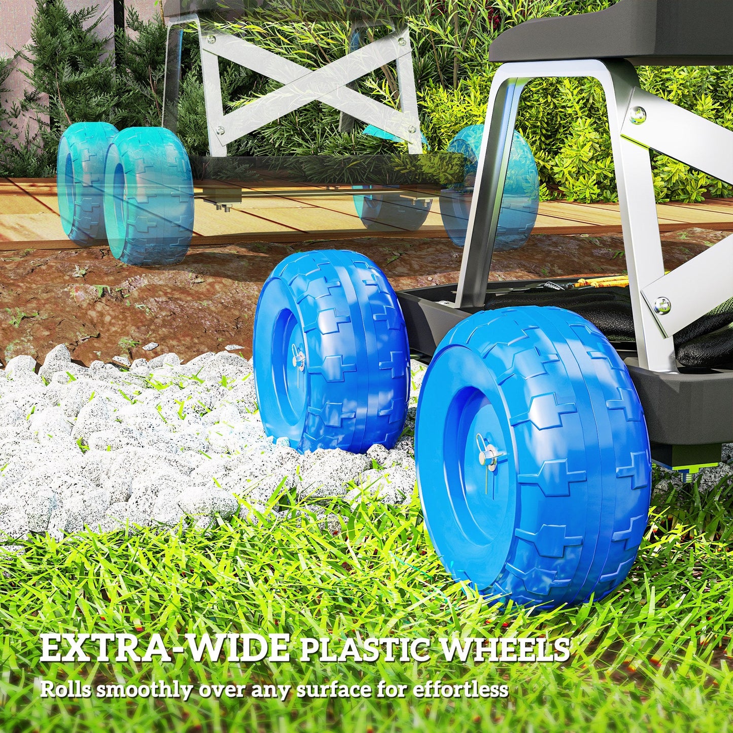 Outsunny Garden Cart with Wheels, Garden Stool Trolley with Tool Tray, Rolling Garden Seat for Weeding, Planting, Blue