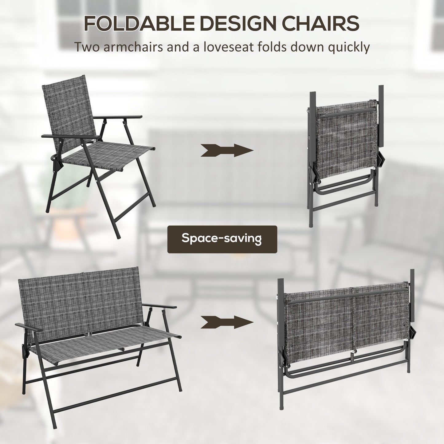 Outsunny Outdoor\'c2\'a04 Pieces Patio Furniture Set with Breathable Mesh Fabric\'c2\'a0Seat & Backrest,\'c2\'a0Garden Set with Two Foldable Armchairs, a Loveseat &\'c2\'a0Glass\'c2\'a0Top\'c2\'a0Table, Mixed Grey