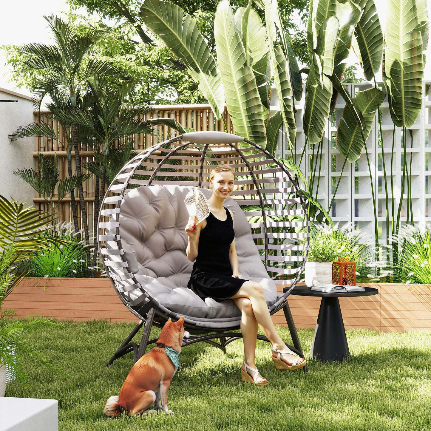 Outsunny Egg Chair with Cushion & Side Pocket - Light Grey