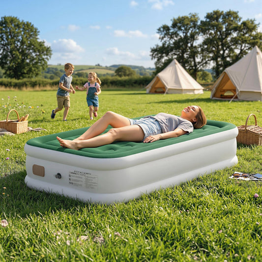 Outsunny Inflatable Mattress, Single Air Bed with Built-in Electric Pump, 3 Mins Inflation, Flocked Surface, Dark Green