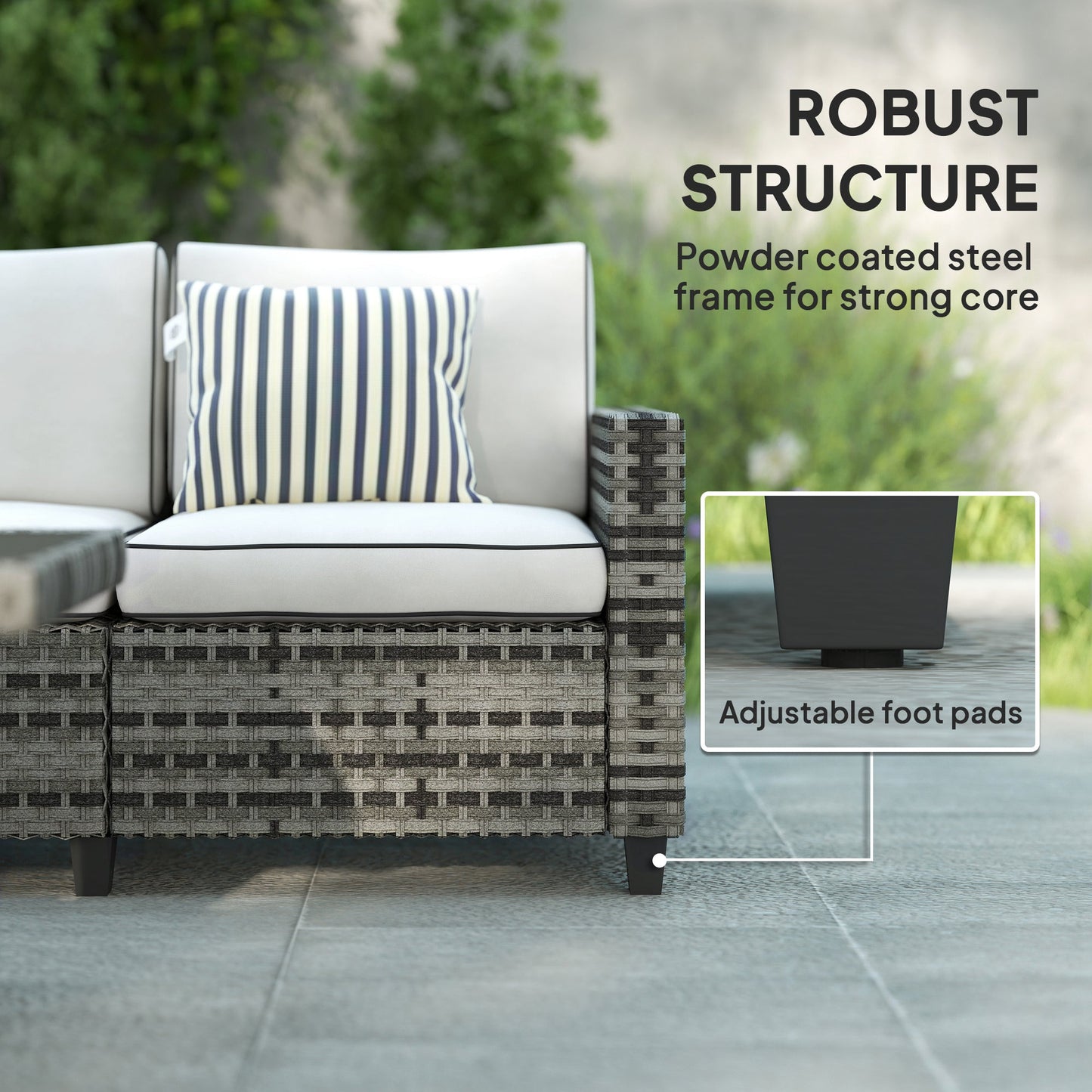 Outsunny 6 Pieces Rattan Garden Furniture Set, 5 Seater Wicker Outdoor Furniture Set with 2 Armchairs, Steel Frame Coffee Table and Cushions for Balcony, Porch, Light Grey