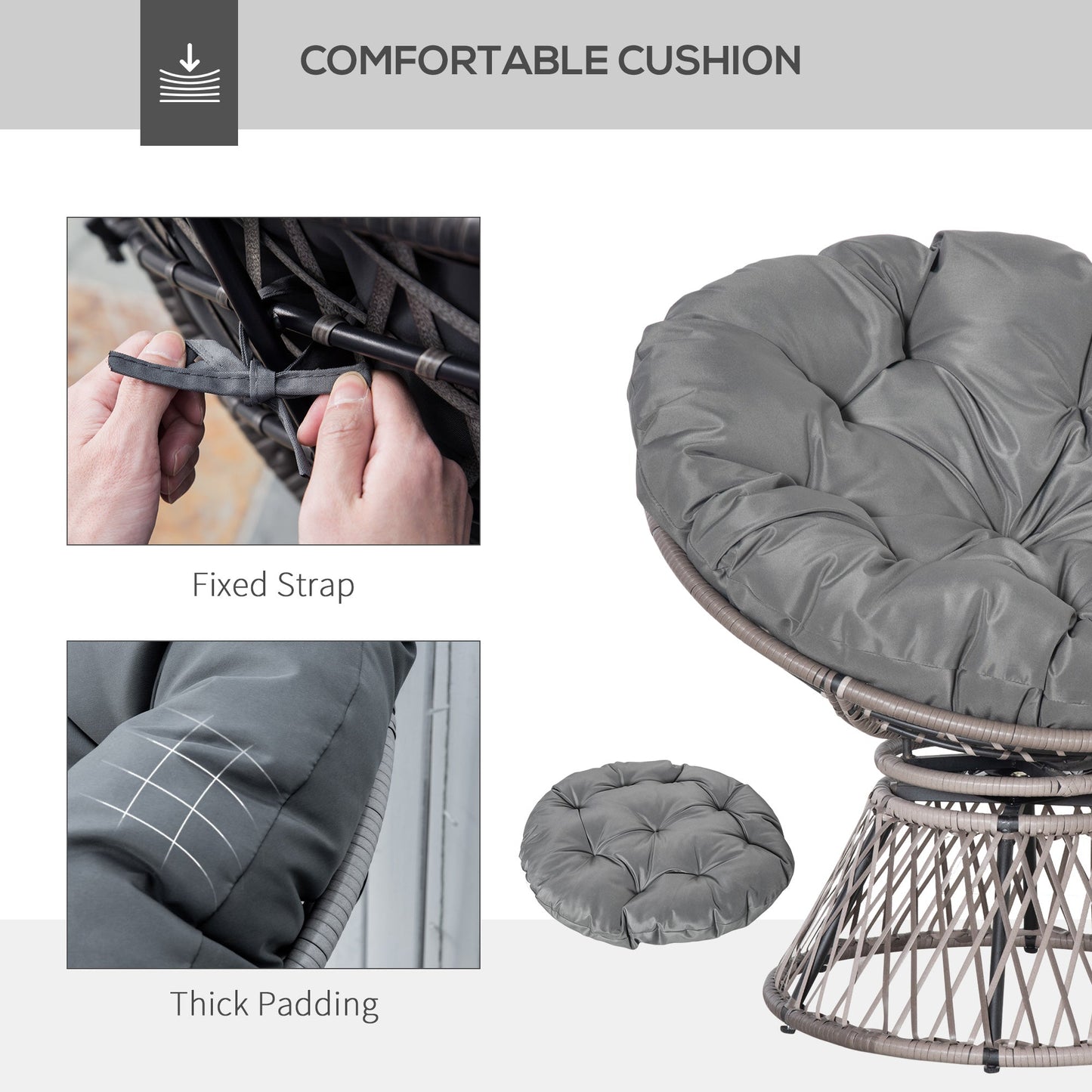 Outsunny 360\'c2\'b0 Swivel Rattan Papasan Moon Bowl Chair Round Lounge Garden Wicker Basket Seat with Padded Cushion Oversized for Outdoor Indoor, Grey