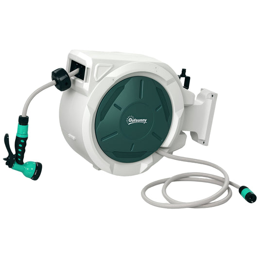 Outsunny Retractable Hose Reel Wall Mounted, 30+2m Garden Hose Pipe Reel with Lock, Auto Rewind, 7 in 1 Spray Nozzle, Includes Wall Fixings, 180\'c2\'b0 Swivel, Outdoor Watering, Grey