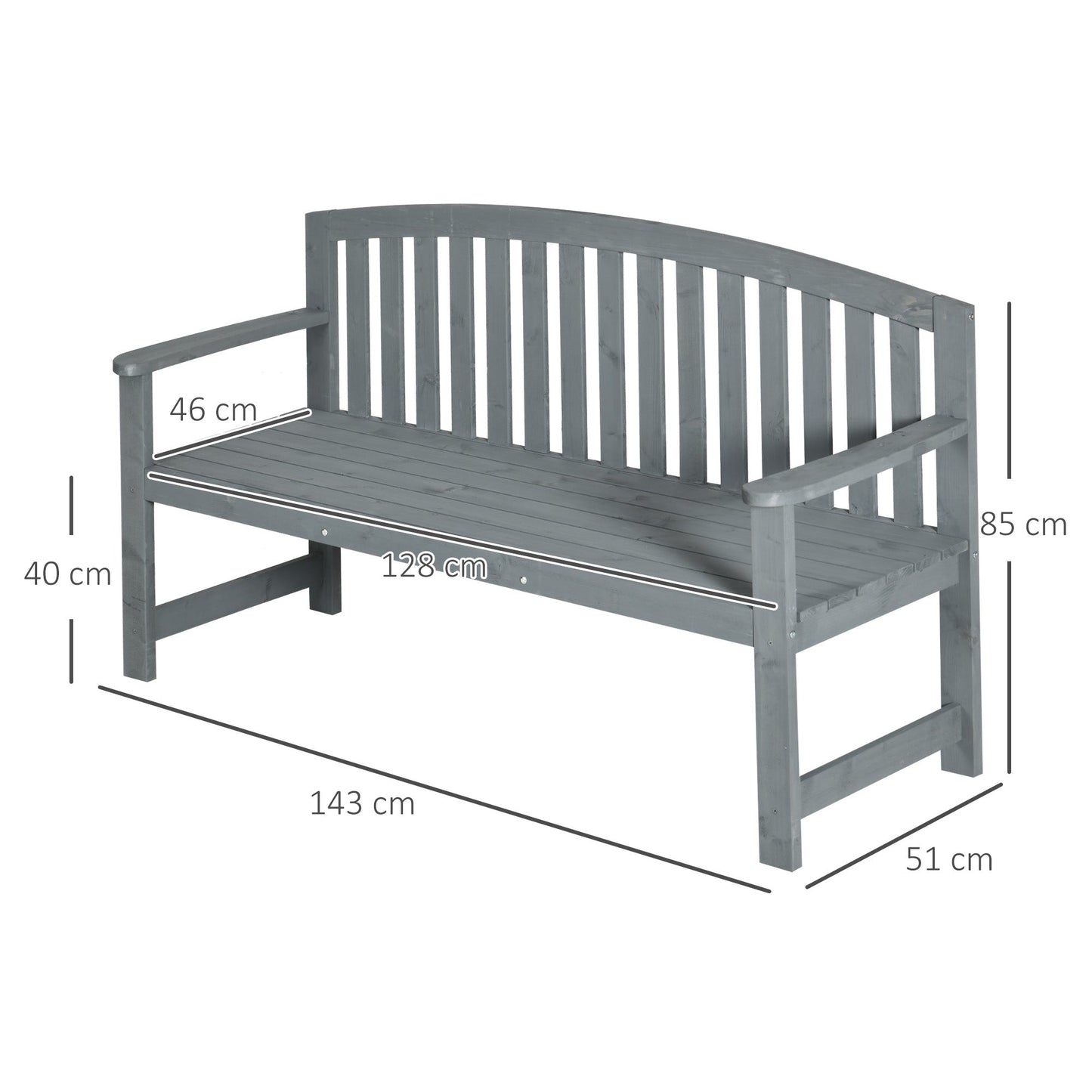 Outsunny 2 Seater Wooden Garden Bench with Armrest, Outdoor Furniture Chair for Park, Balcony, Grey