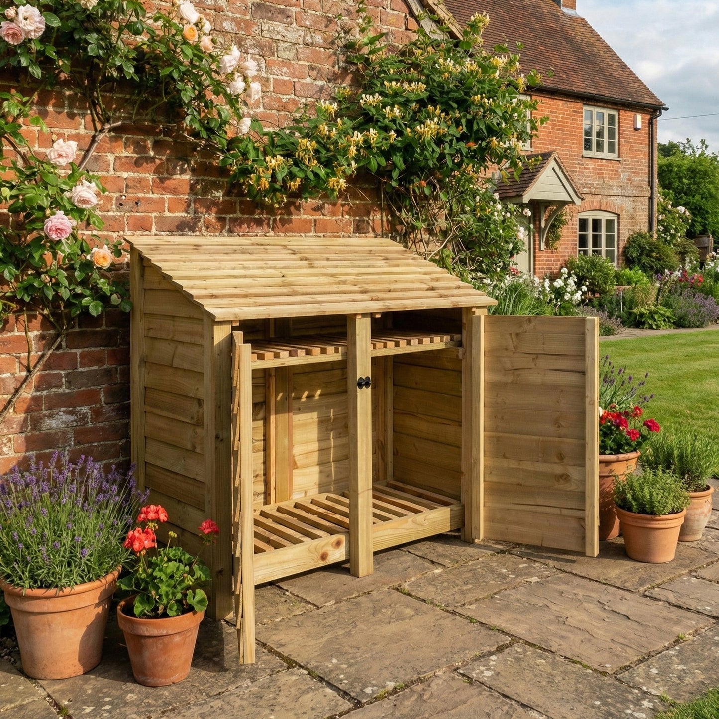 Wooden Log Store with Door and Shelf W-146cm, H-126cm or 180cm, D-88cm
