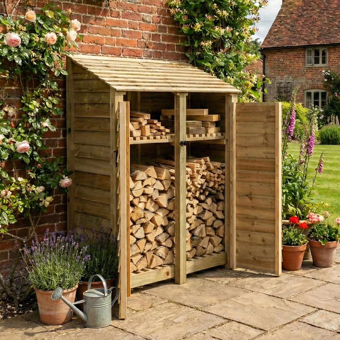 Wooden Log Store with Door and Shelf W-146cm, H-126cm or 180cm, D-88cm