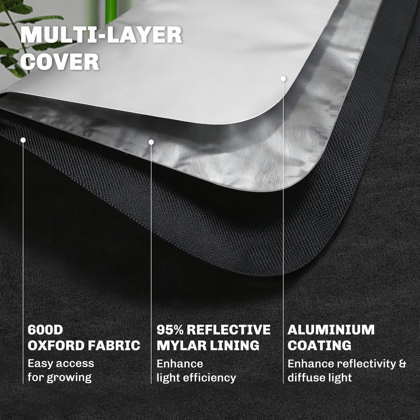 Outsunny Grow Tent 120 x 120 x 200 cm, Reflective Mylar Hydroponic Growing Tent with 600D Oxford Fabric, Observation Window, Vent, Zipper Door for Indoor Plant Growing, Black