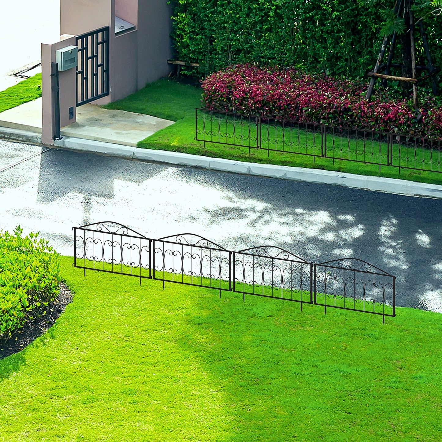 Outsunny Decorative Garden Fencing, 8PCs Outdoor Picket Fence Panels, Rustproof Metal Wire Landscape Flower Bed Border Edging Animal Barrier, Black
