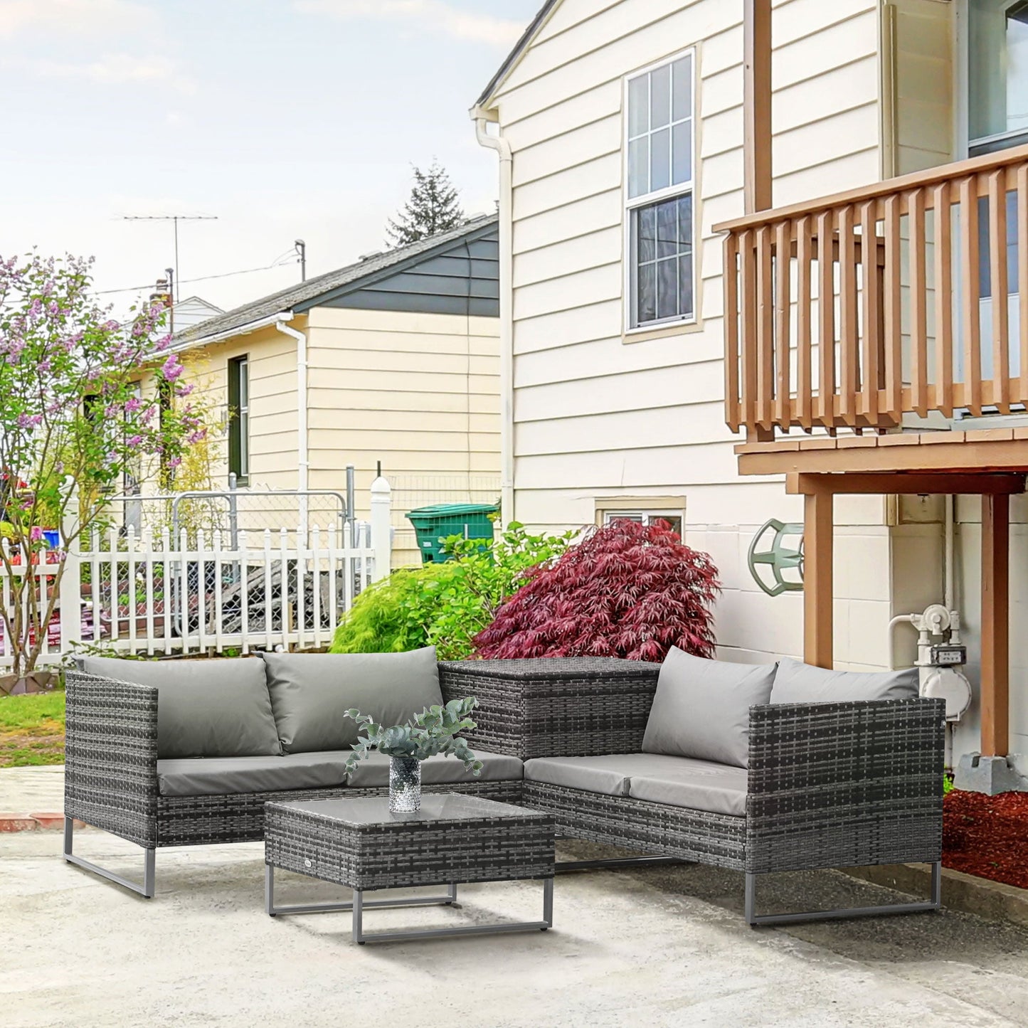 Outsunny 4 PCs Garden Rattan Wicker Outdoor Furniture Patio Corner Sofa Love Seat and Table Set  with Cushions Side Desk Storage - Mixed Grey