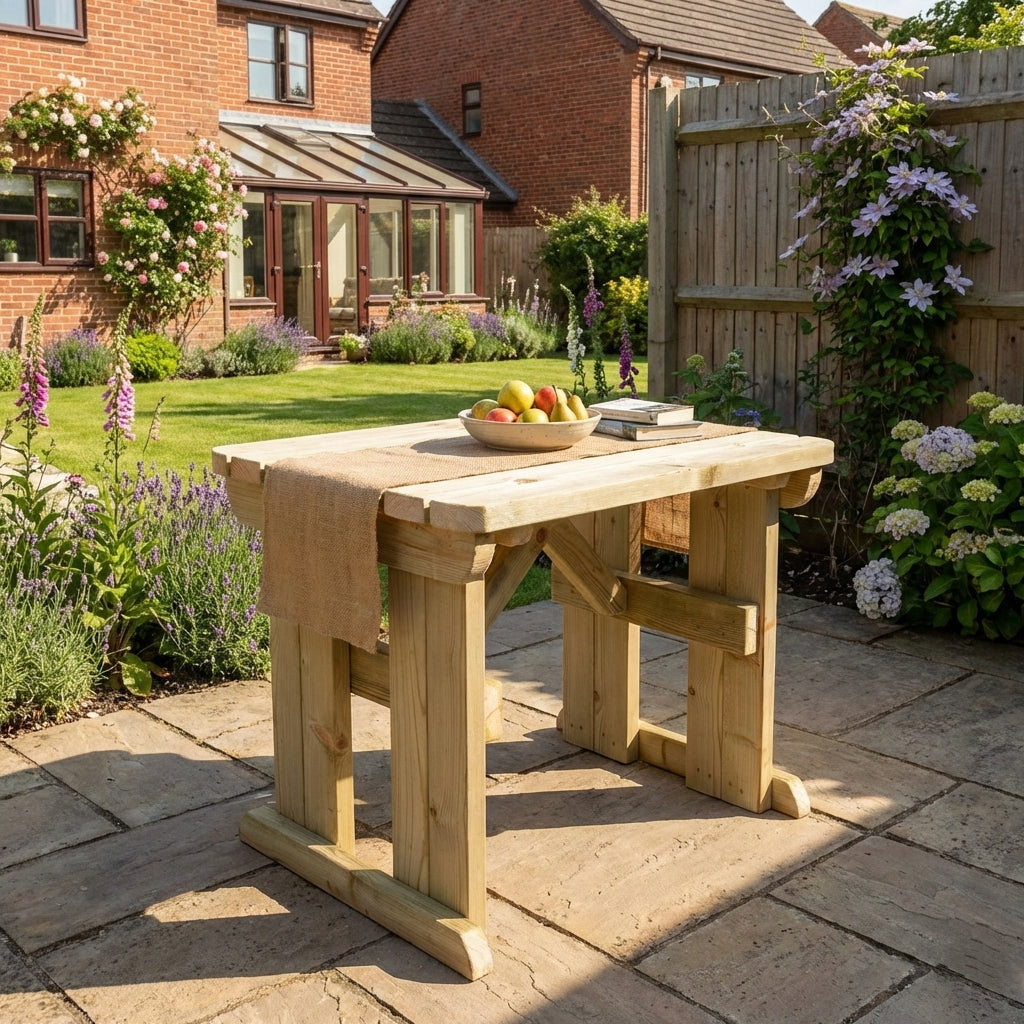 Hollies Rounded Wooden Garden Table, Outdoor Picnic Dining Desk
