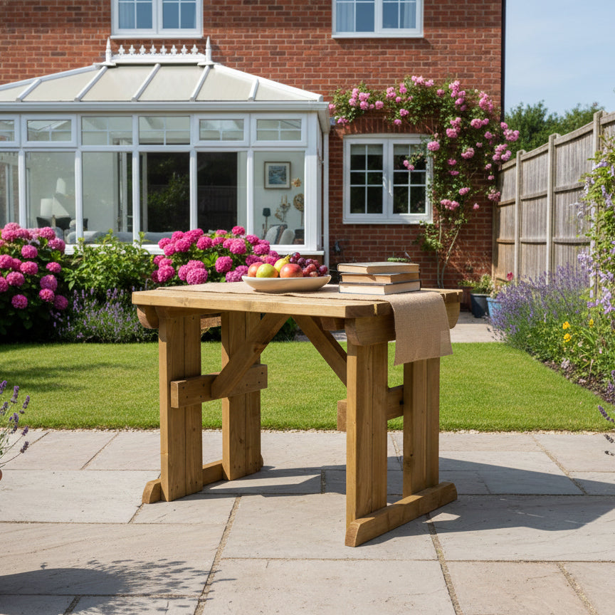 Hollies Rounded Wooden Garden Table, Outdoor Picnic Dining Desk - Rustic Finish