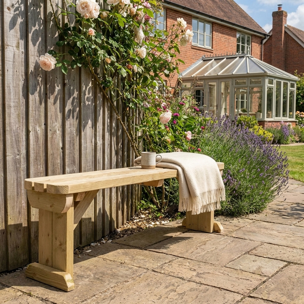 Hollies Wooden Garden Rounded Bench, Outdoor Fence Seat