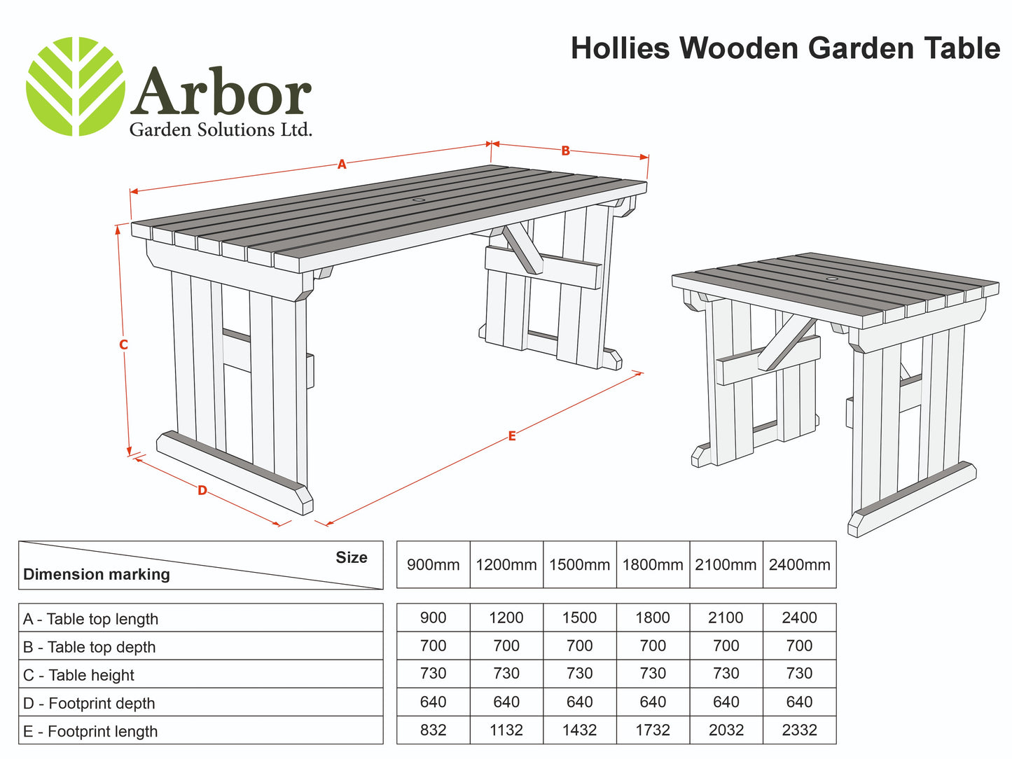 Hollies Wooden Garden Table, Outdoor Picnic Dining Desk - Rustic Finish