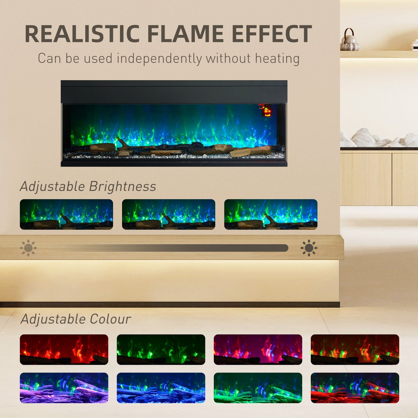 HOMCOM 1800W 15-40\'e2\'84\'83 Adjustable Flame Glass Panel Convector Heater, 127cm