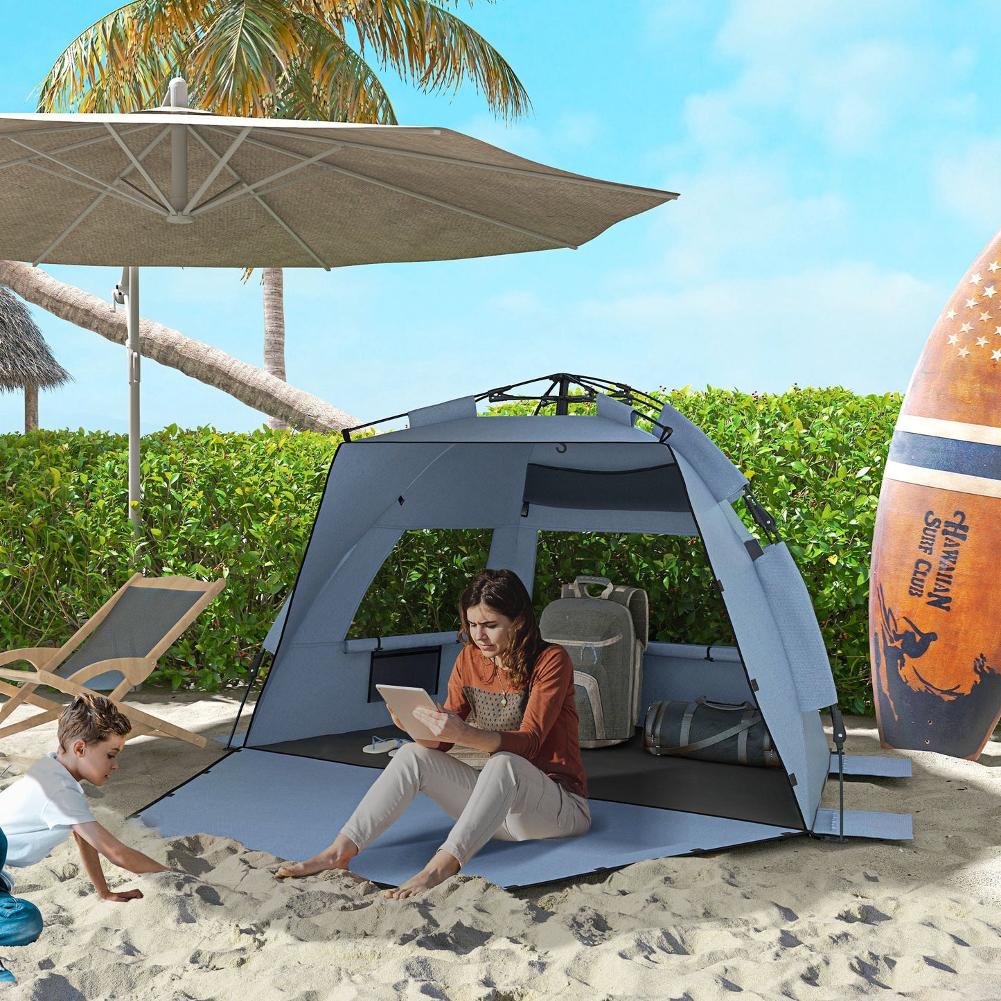 Outsunny 2-3 Person Pop Up Beach Tent, UPF15+ Sun Shelter with Extended Floor, Sandbags, Mesh Windows and Carry Bag, Light Blue
