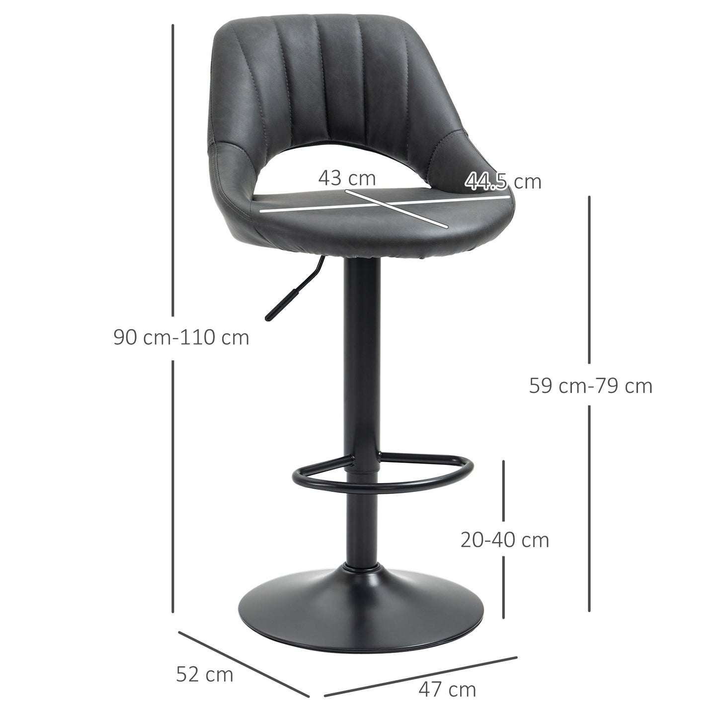 HOMCOM Bar Stools Set of 2, Swivel Counter Height Barstools with Back, Adjustable PU Leather Bar Chairs, Modern Armless Kitchen Island Stool, Dark Grey
