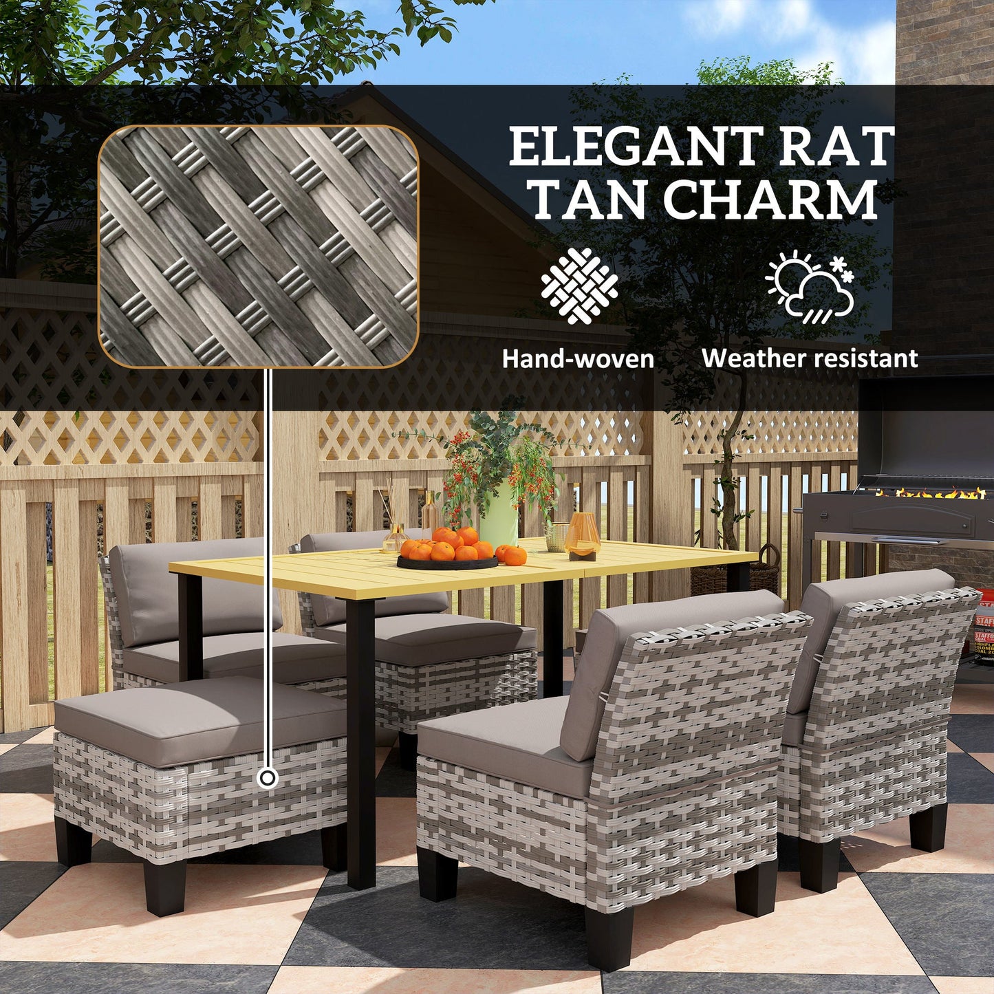 Outsunny 7-Piece Rattan Garden Dining Set, 6 Seater Wicker Garden Furniture Set with Seat and Back Cushions, Umbrella Hole, Patio Table and Chairs with Slatted Metal Top Table for Balcony, Grey
