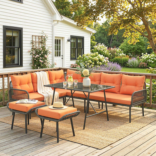 Outsunny 6 Piece Rattan Garden Furniture Set, 8 Seater Garden Corner Sofa with Cushions and Glass Top Table, Orange