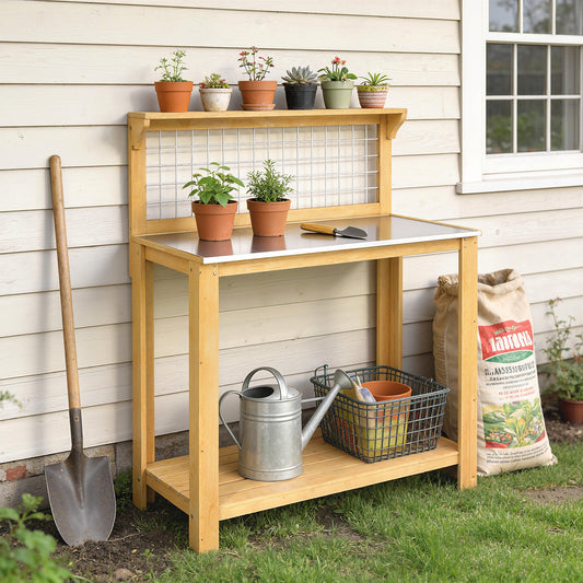 Outsunny Wooden Potting Bench Table with Aluminium Worktop, Outdoor Garden Workbench with 2 Shelves