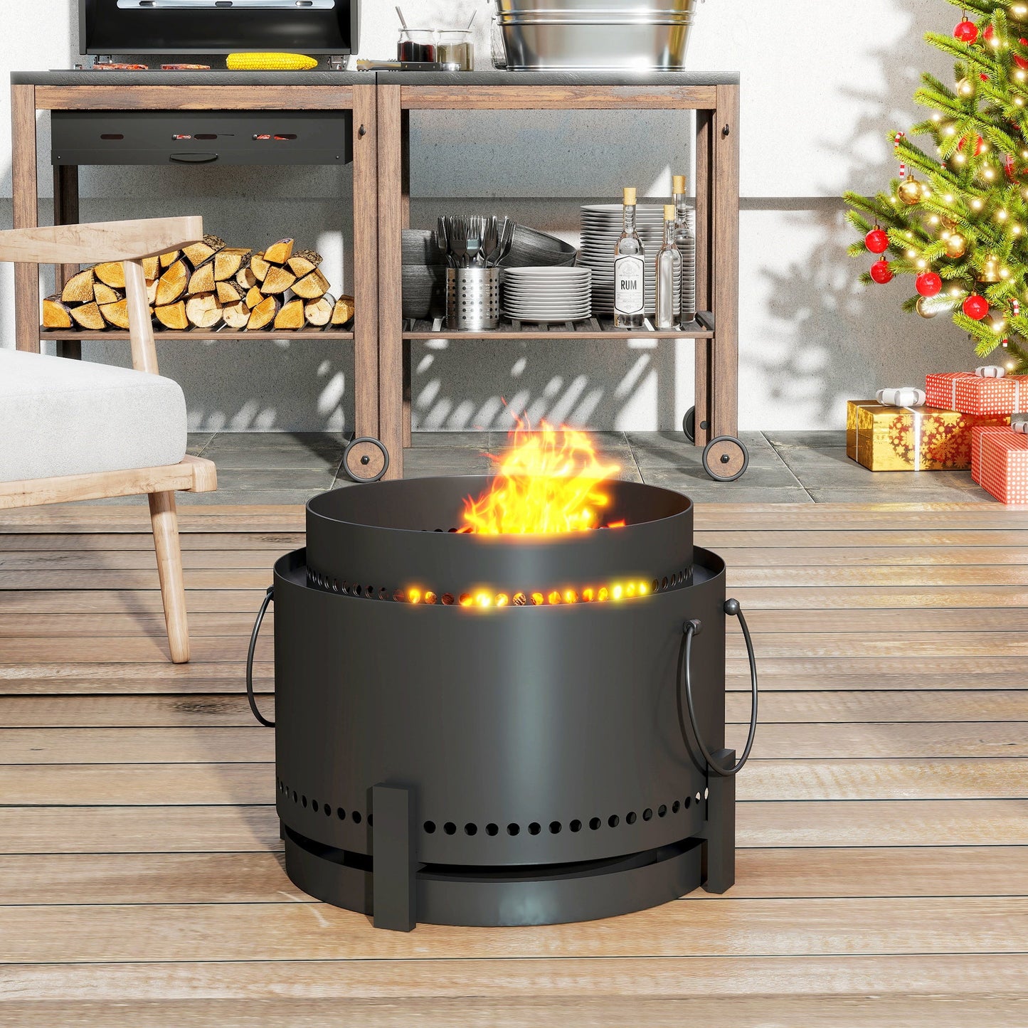 Outsunny Smokeless Fire Pit with Ash Catcher, 37cm Portable Wood Burning Firepit with Poker for Garden Camping Bonfire Party, Metal, Dark Grey