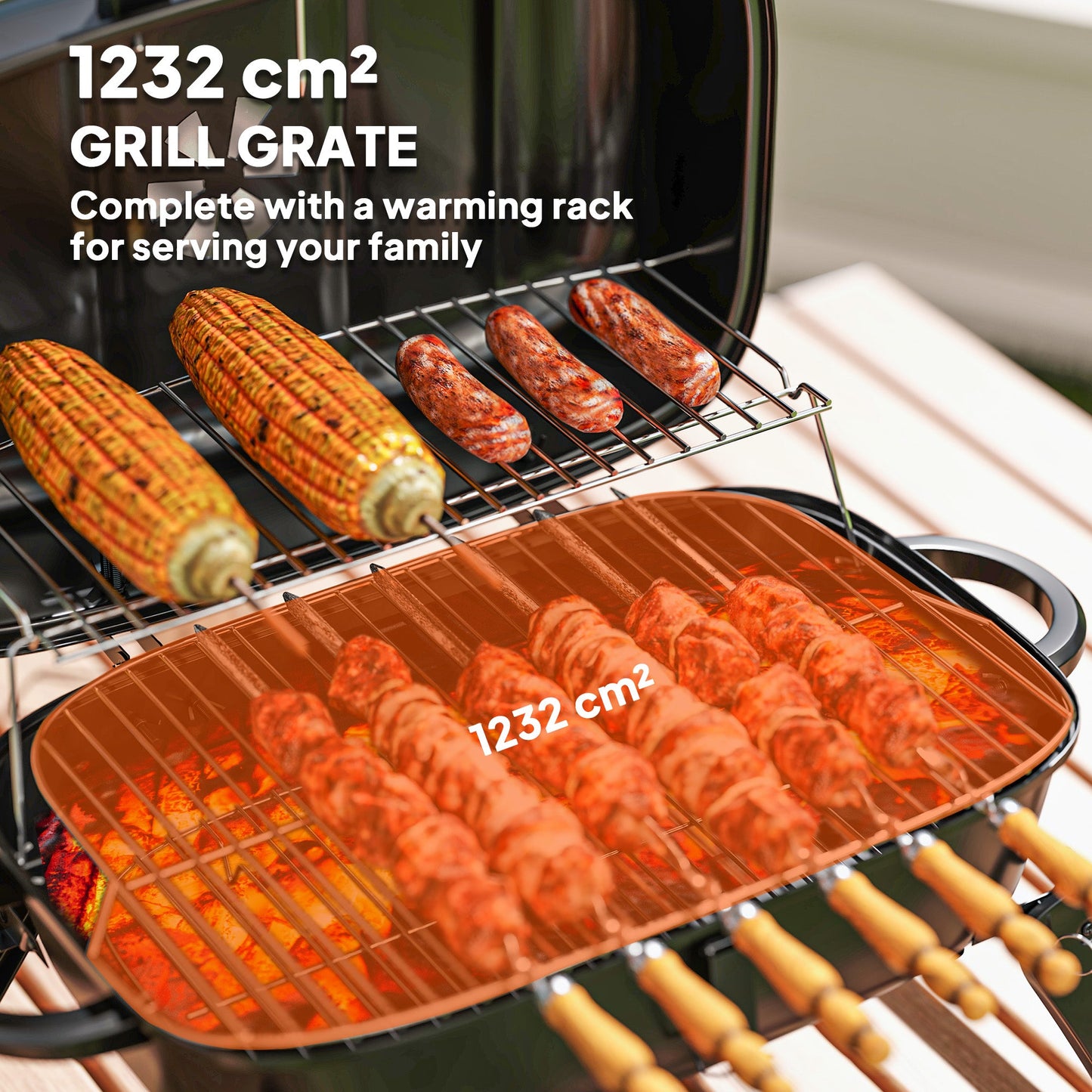 Outsunny Charcoal Barbecue Grill Folding BBQ Grill with 1232 cm² Cooking Area, Adjustable Vent, Thermometer, Handles for Camping Picnic, Black