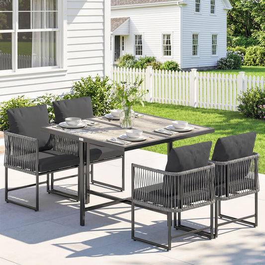 Outsunny 4-Seater Garden Dining Set, Rattan Outdoor Furniture with Space-Saving Chairs and Thick Cushions for Patio Balcony, Black
